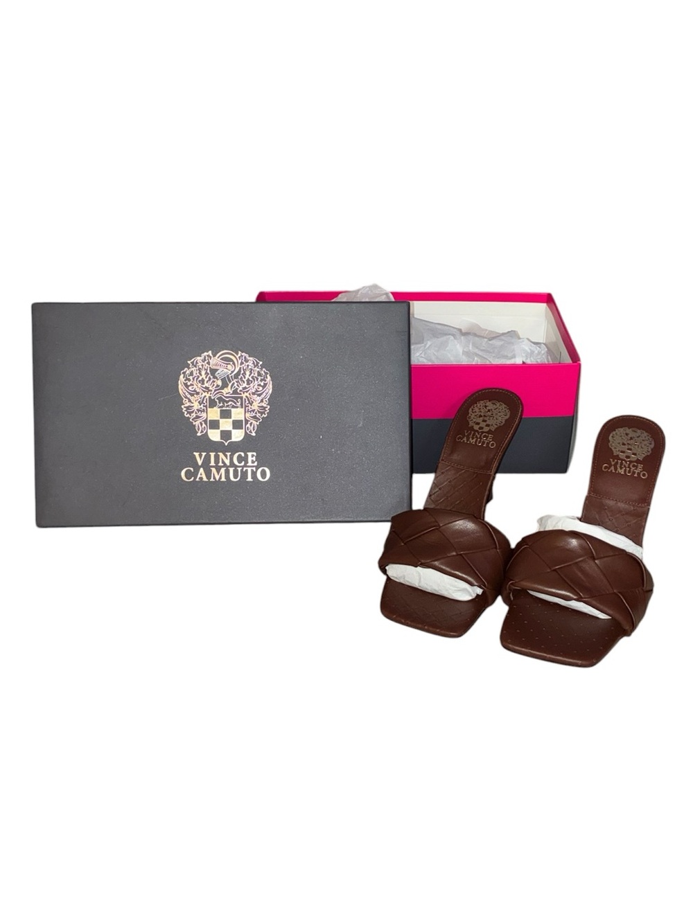 NWT Vince Camuto Brown Leather Slide Heels Size 8 Square Toe Designer Sandals - Picture 3 of 13